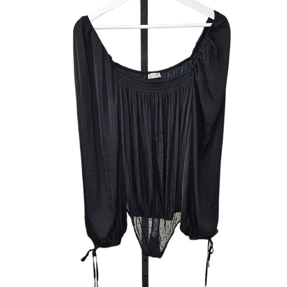 Free People Intimately Another Round Peasant Bodysuit Black Silky Size Medium - Picture 1 of 13